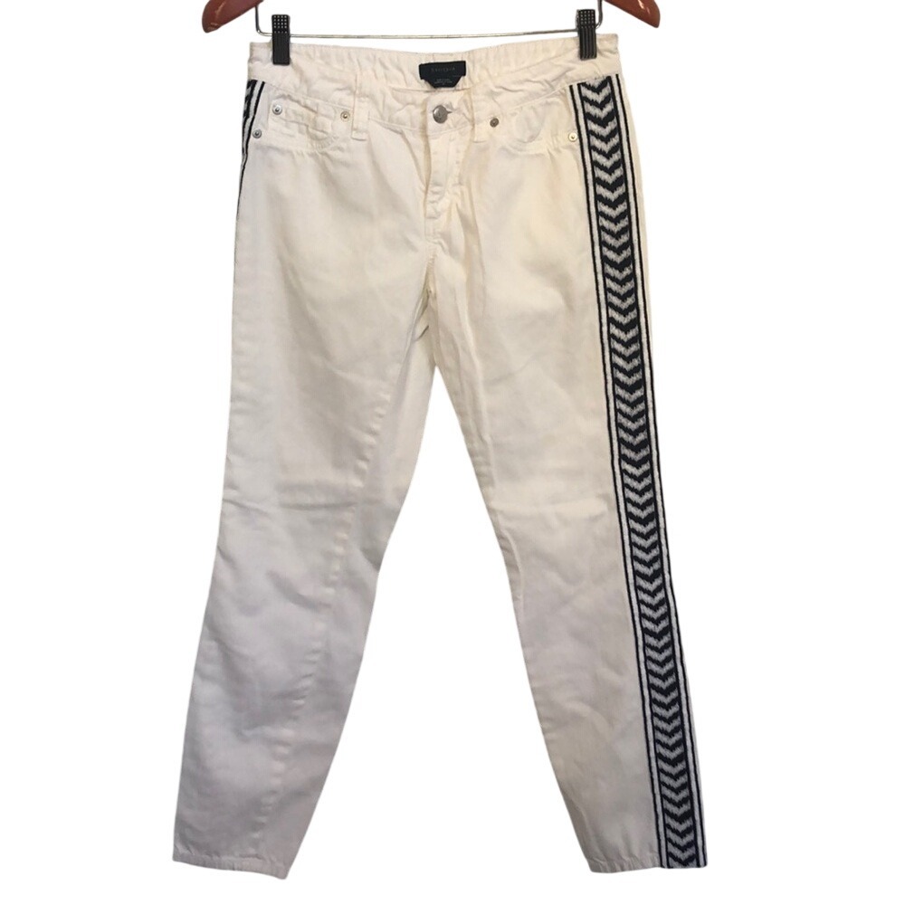 Bebe White Skinny Jeans Navy Chevron Embroidered Side Stripe Size‎ 25